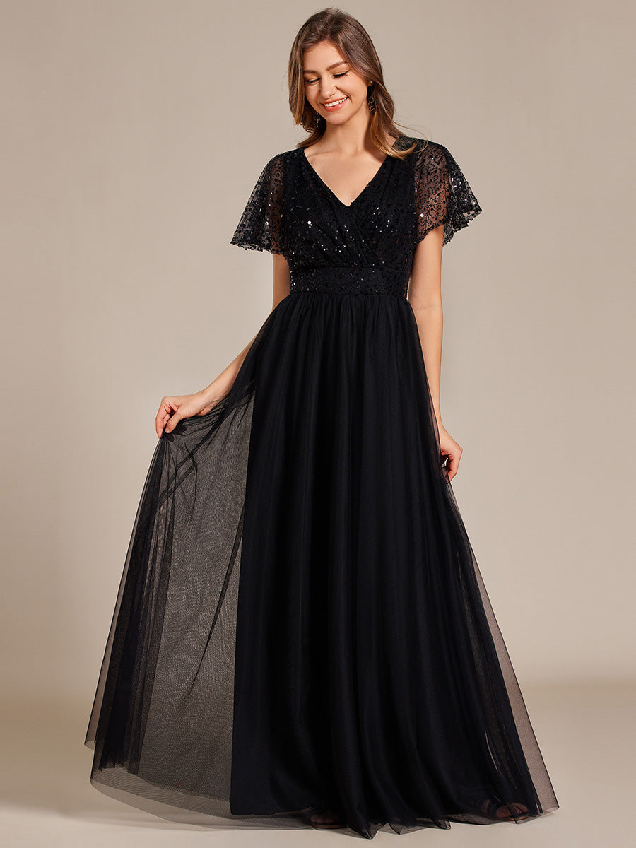 Color=Black | Elegant V Neck Ruffles Sleeve A-Line Empire Waist Tulle Dresses with Paillette-Black 4