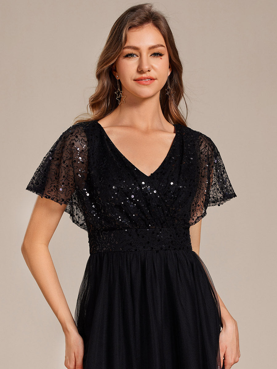 Color=Black | Elegant V Neck Ruffles Sleeve A-Line Empire Waist Tulle Dresses with Paillette-Black 5
