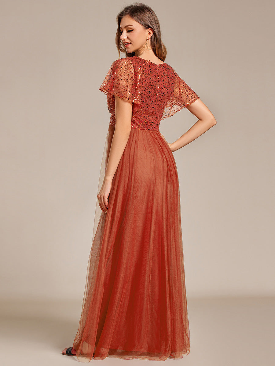 Color=Burnt Orange | Elegant V Neck Ruffles Sleeve A-Line Empire Waist Tulle Dresses with Paillette-Burnt Orange 7