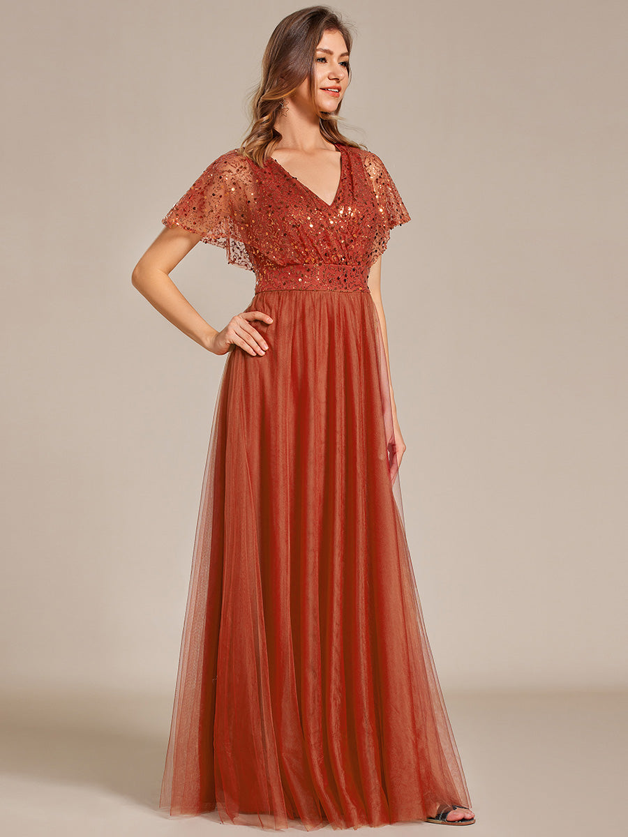 Color=Burnt Orange | Elegant V Neck Ruffles Sleeve A-Line Empire Waist Tulle Dresses with Paillette-Burnt Orange 8