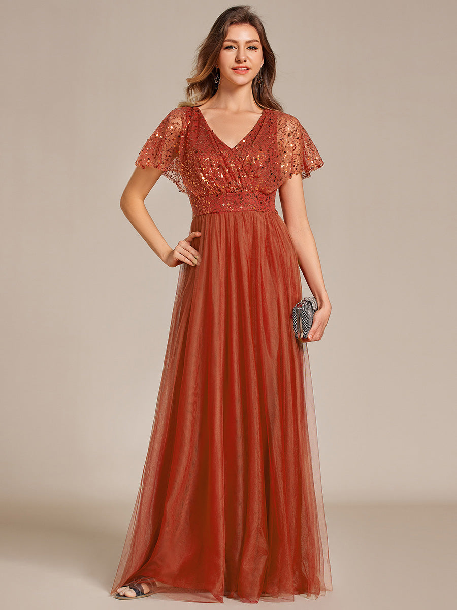 Color=Burnt Orange | Elegant V Neck Ruffles Sleeve A-Line Empire Waist Tulle Dresses with Paillette-Burnt Orange 9
