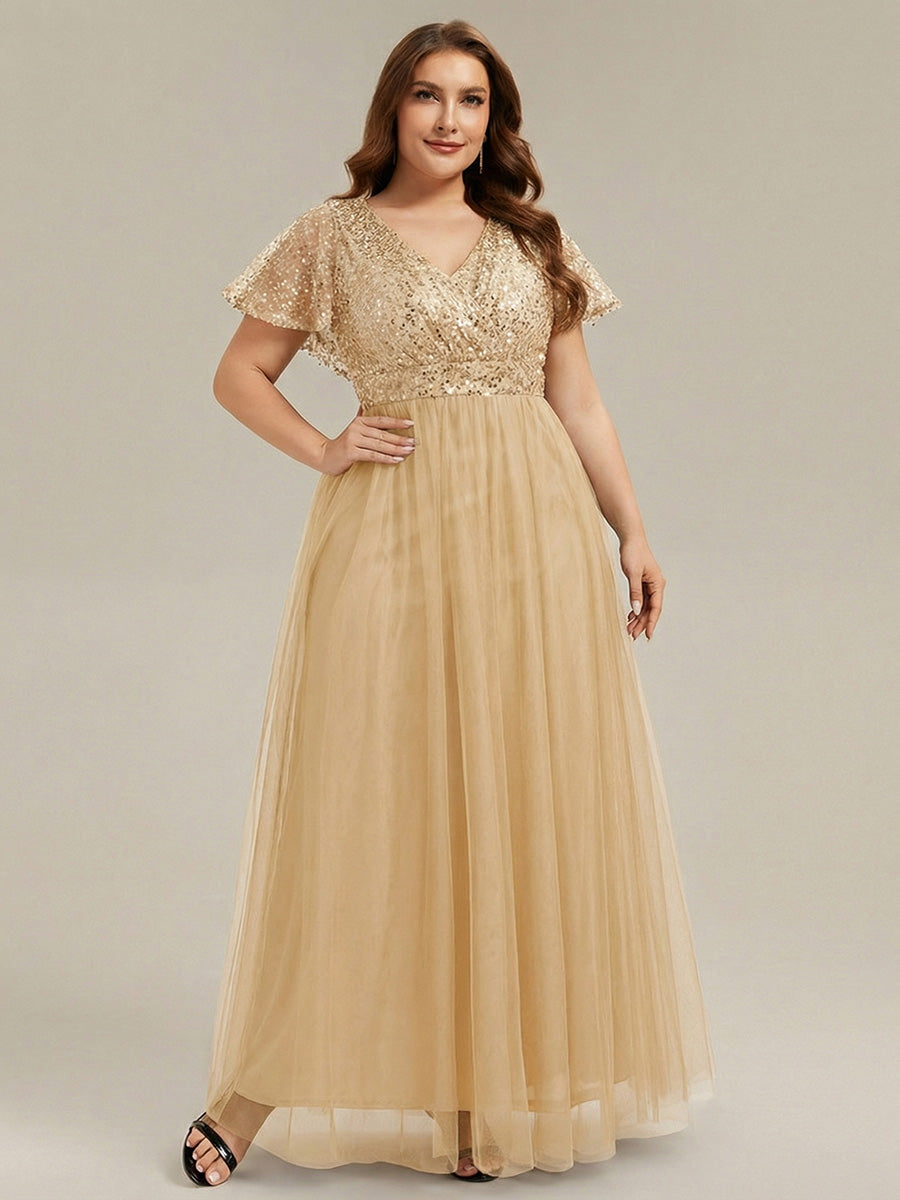 Color=Gold | Factory Design Short Sleeve Ruffle Sequin Deep V-Neck A-Line Floor Length Evening Dresses-Gold 6