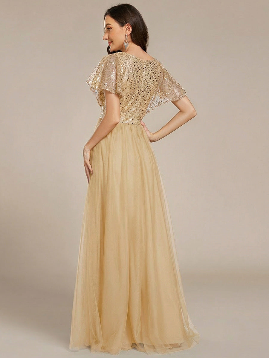 Color=Gold | Factory Design Short Sleeve Ruffle Sequin Deep V-Neck A-Line Floor Length Evening Dresses-Gold 2