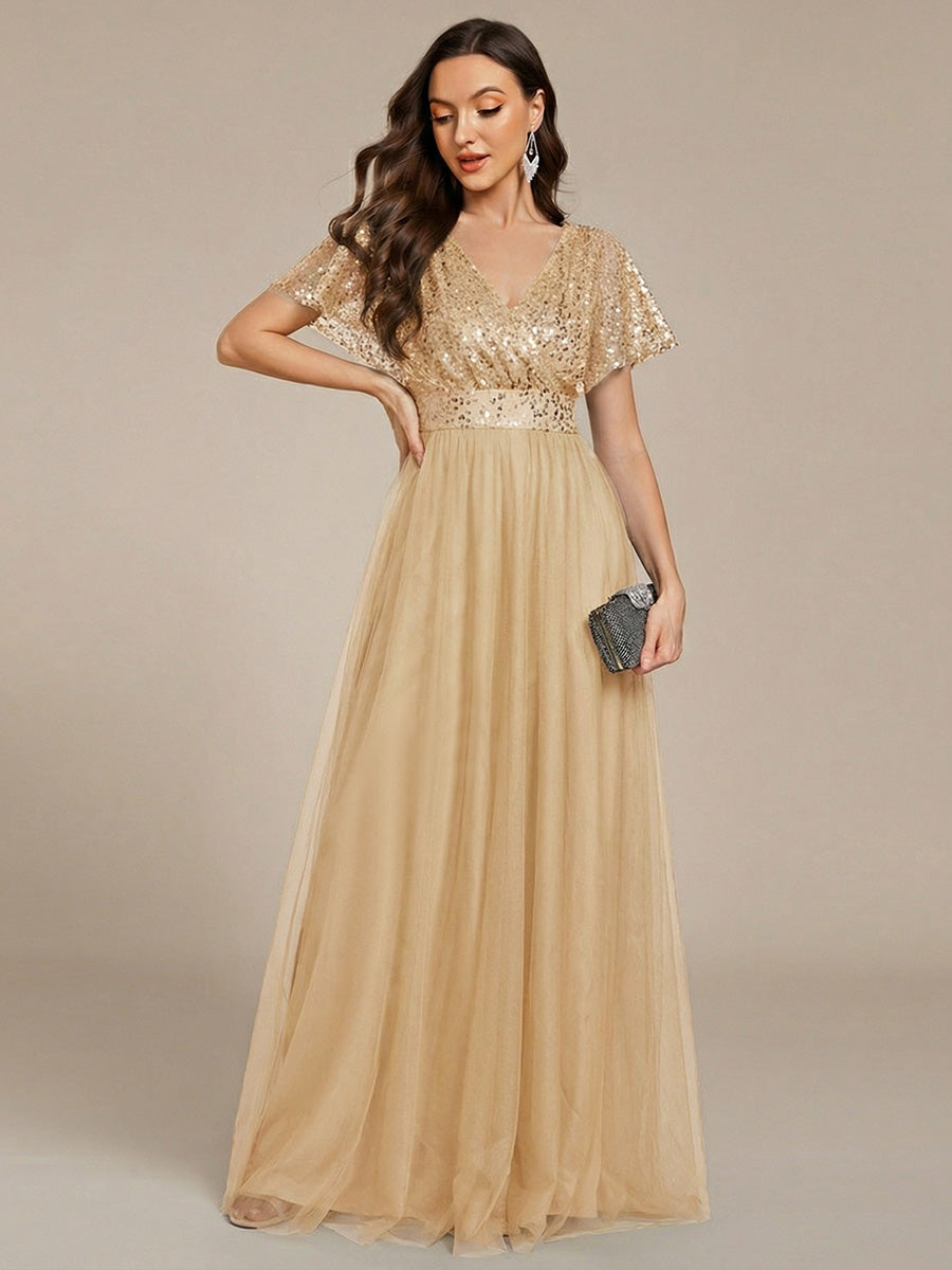 Color=Gold | Factory Design Short Sleeve Ruffle Sequin Deep V-Neck A-Line Floor Length Evening Dresses-Gold 4
