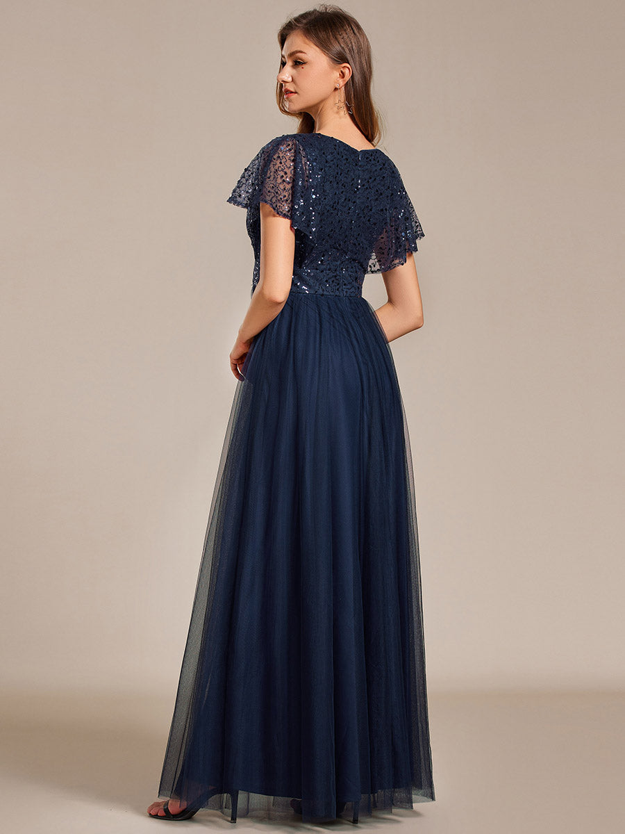 Color=Navy Blue | Elegant V Neck Ruffles Sleeve A-Line Empire Waist Tulle Dresses with Paillette-Navy Blue 12