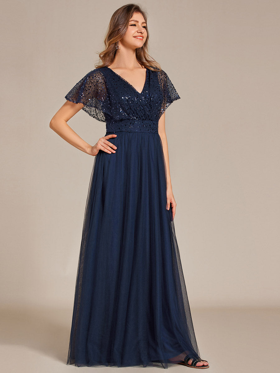 Color=Navy Blue | Elegant V Neck Ruffles Sleeve A-Line Empire Waist Tulle Dresses with Paillette-Navy Blue 13