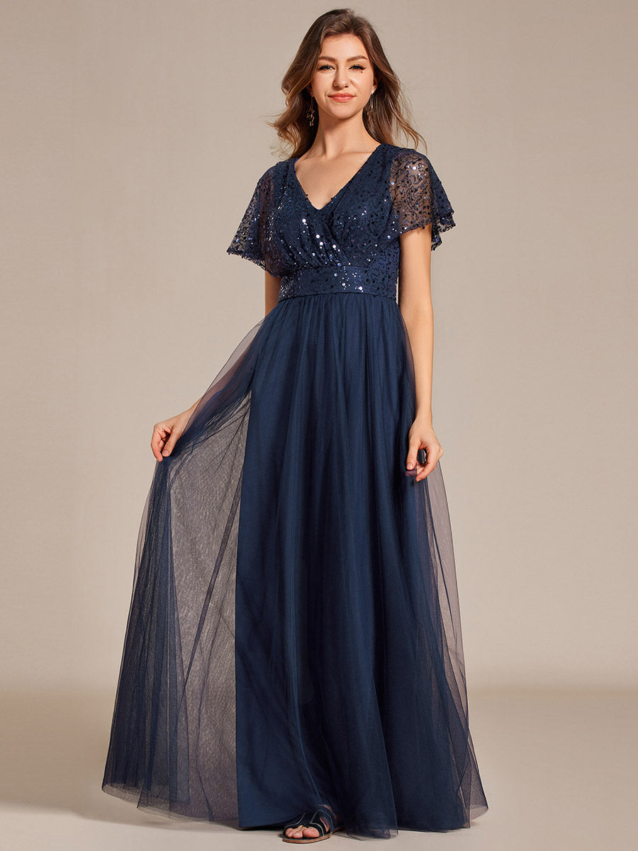 Color=Navy Blue | Elegant V Neck Ruffles Sleeve A-Line Empire Waist Tulle Dresses with Paillette-Navy Blue 14
