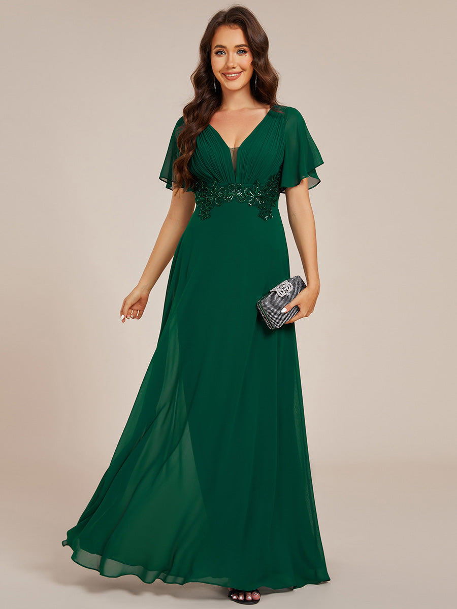 Elegant Ruffles Sleeve Chiffon Evening Dresses with Pleated Applique D Elegant Ruffles Sleeve Chiffon Evening Dresses with Pleated Applique D