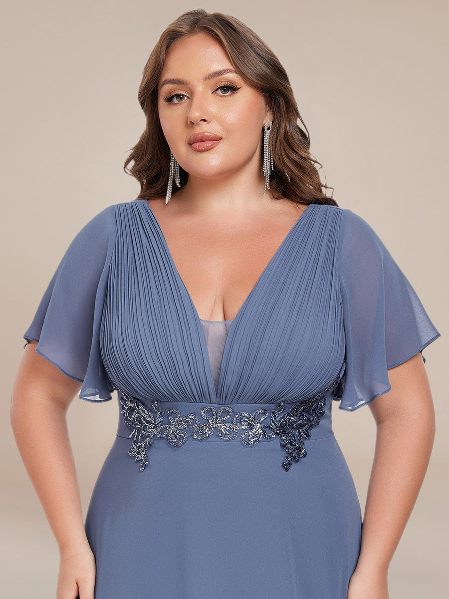 Color=Dusty Blue | Plus Size Elegant Ruffles Sleeve Chiffon Evening Dresses with Pleated Applique Decoration-Dusty Blue 10