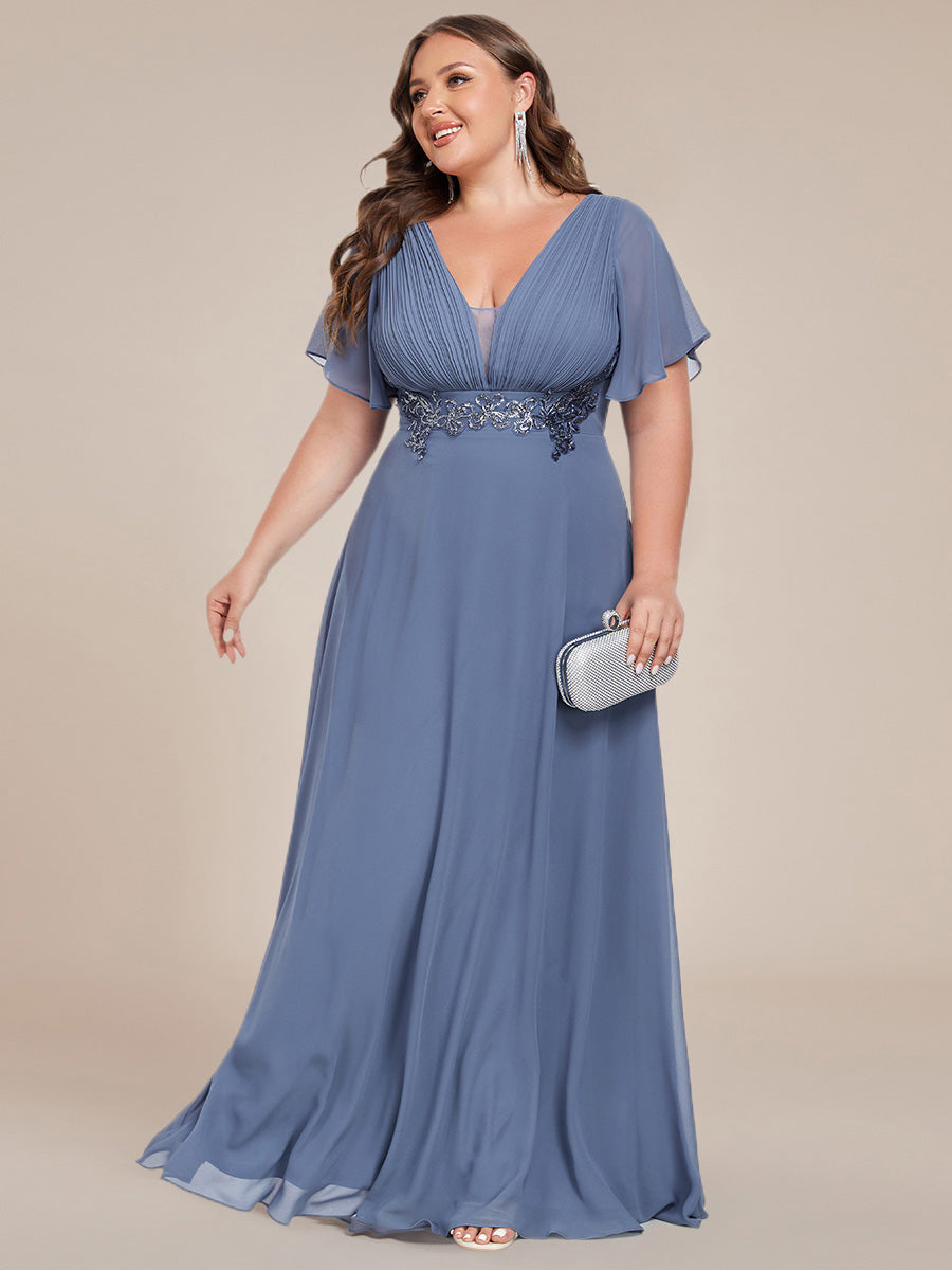 Color=Dusty Blue | Plus Size Elegant Ruffles Sleeve Chiffon Evening Dresses with Pleated Applique Decoration-Dusty Blue 9