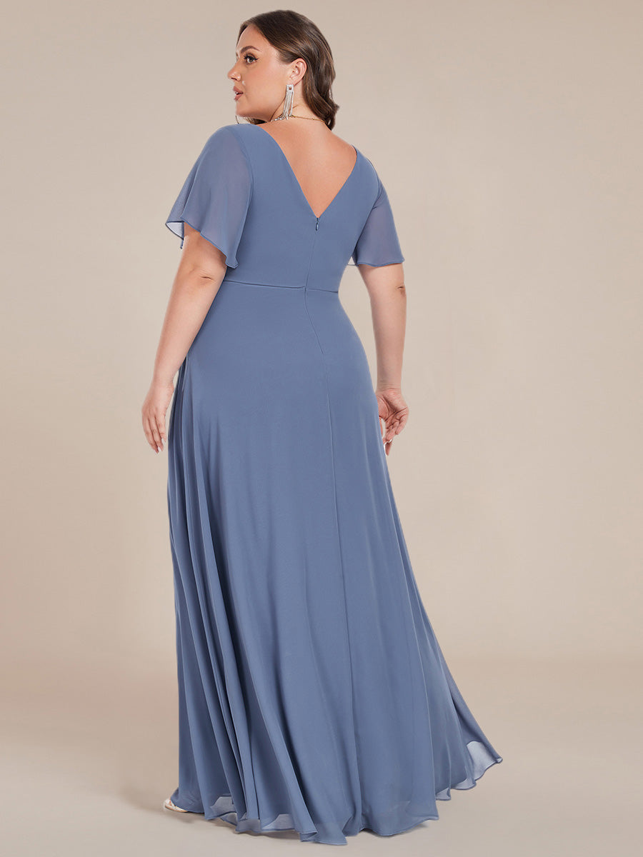 Color=Dusty Blue | Plus Size Elegant Ruffles Sleeve Chiffon Evening Dresses with Pleated Applique Decoration-Dusty Blue 8