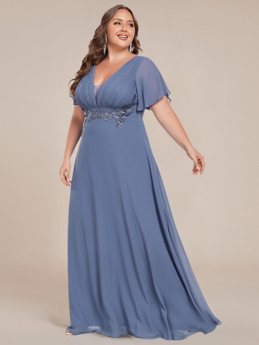 Color=Dusty Blue | Plus Size Elegant Ruffles Sleeve Chiffon Evening Dresses with Pleated Applique Decoration-Dusty Blue 7