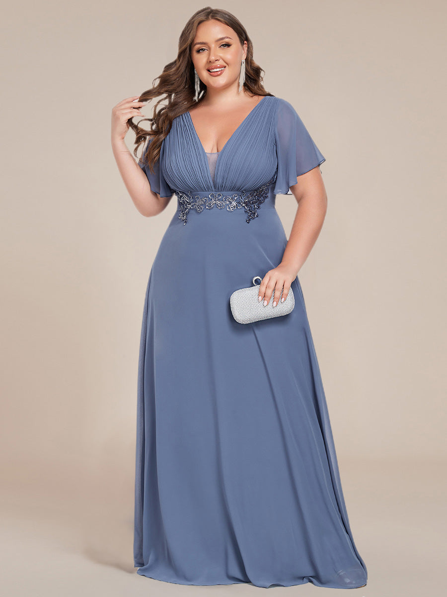 Color=Dusty Blue | Plus Size Elegant Ruffles Sleeve Chiffon Evening Dresses with Pleated Applique Decoration-Dusty Blue 6