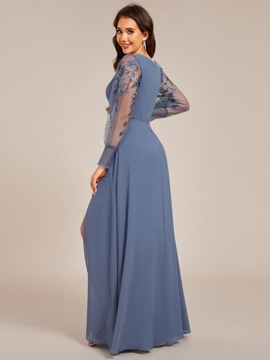 Color=Dusty Blue | Elegant Embroidery See-Through Design Long Sleeves Floor Length Side Split Hem Chiffon Evening Dresses-Dusty Blue 7