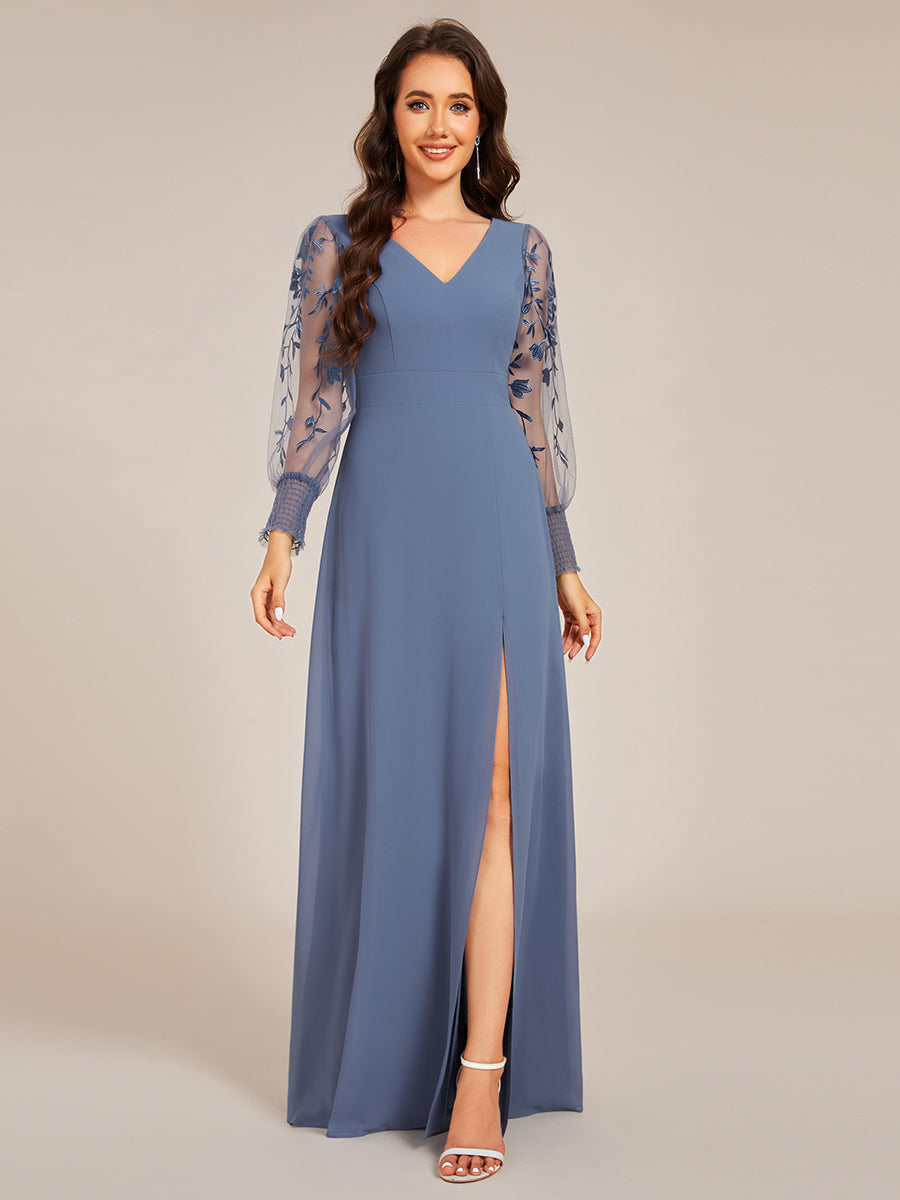 Color=Dusty Blue | Elegant Embroidery See-Through Design Long Sleeves Floor Length Side Split Hem Chiffon Evening Dresses-Dusty Blue 9