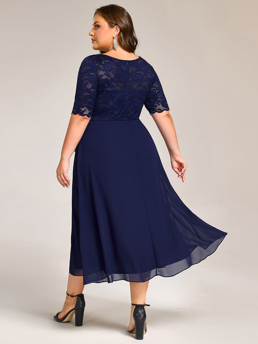 Color=Navy Blue | Plus Size Embroidery Split Nine-length Chiffon Evening Dresses-Navy Blue 2