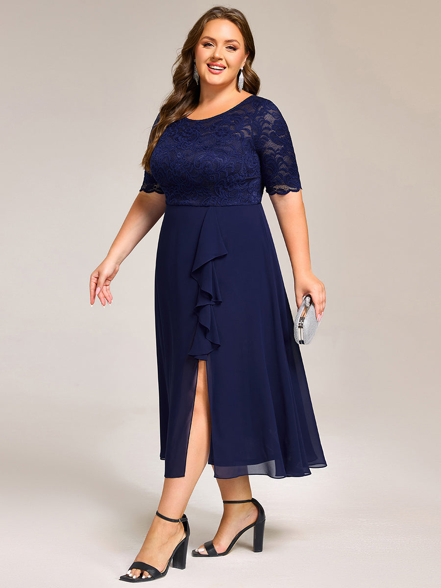 Color=Navy Blue | Plus Size Embroidery Split Nine-length Chiffon Evening Dresses-Navy Blue 5