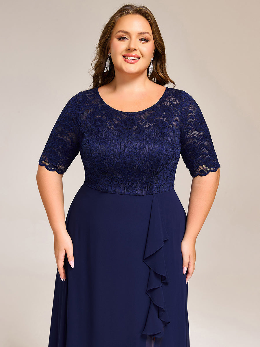 Color=Navy Blue | Plus Size Embroidery Split Nine-length Chiffon Evening Dresses-Navy Blue 3