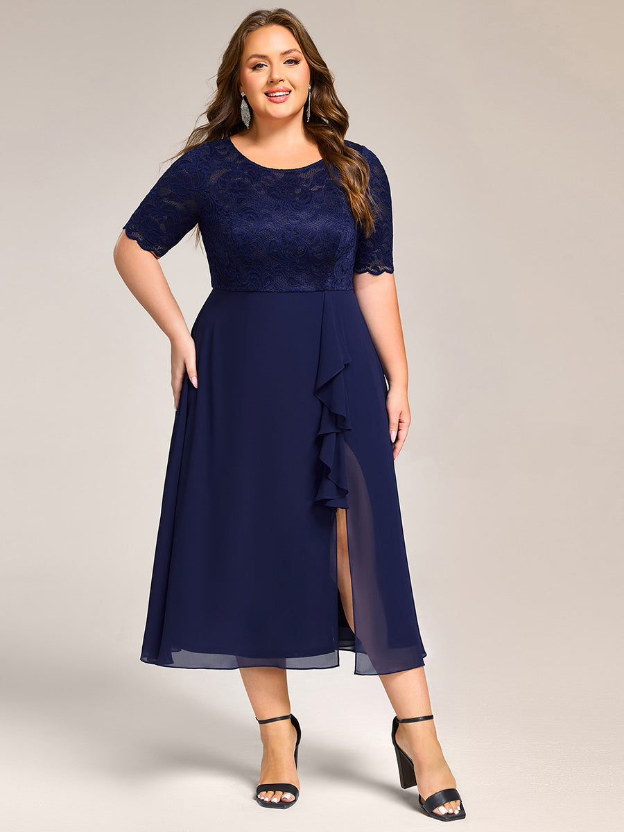 Color=Navy Blue | Plus Size Embroidery Split Nine-length Chiffon Evening Dresses-Navy Blue 1