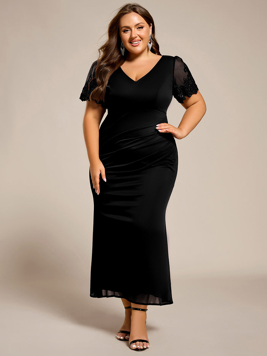 Color=Black | Plus Size Short Sleeve V-Neck Fishtail Dress with Bead Detail Formal Evening Dress-Black 3