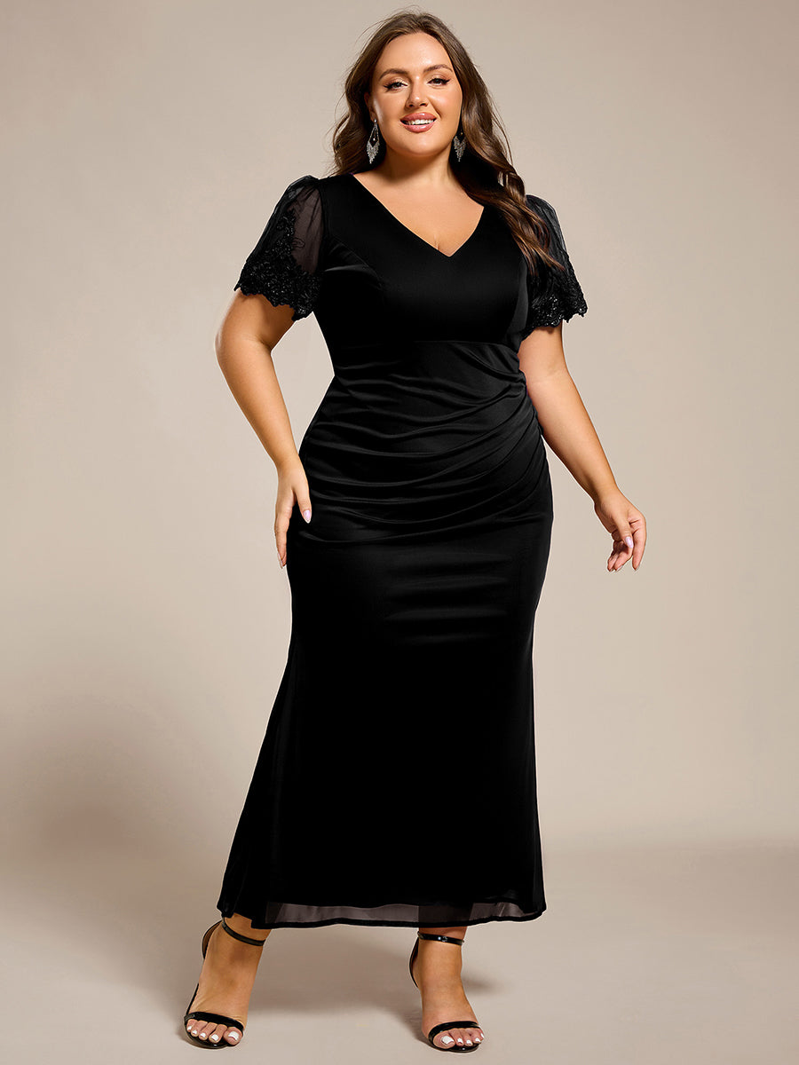 Color=Black | Plus Size Short Sleeve V-Neck Fishtail Dress with Bead Detail Formal Evening Dress-Black 4