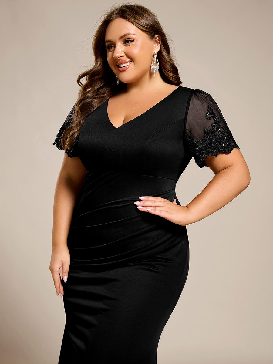 Color=Black | Plus Size Short Sleeve V-Neck Fishtail Dress with Bead Detail Formal Evening Dress-Black 5