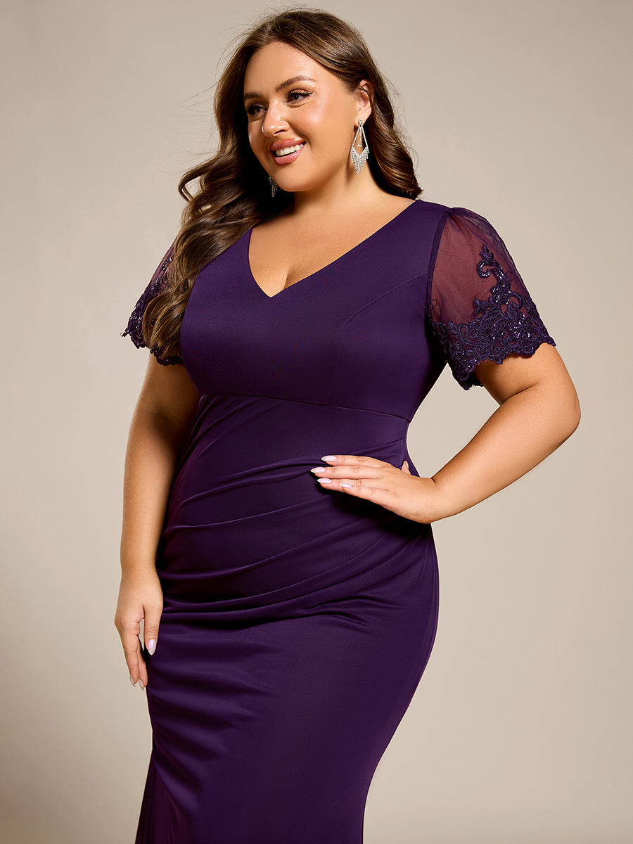 Color=Dark Purple | Plus Size Short Sleeve V-Neck Fishtail Dress with Bead Detail Formal Evening Dress-Dark Purple 10