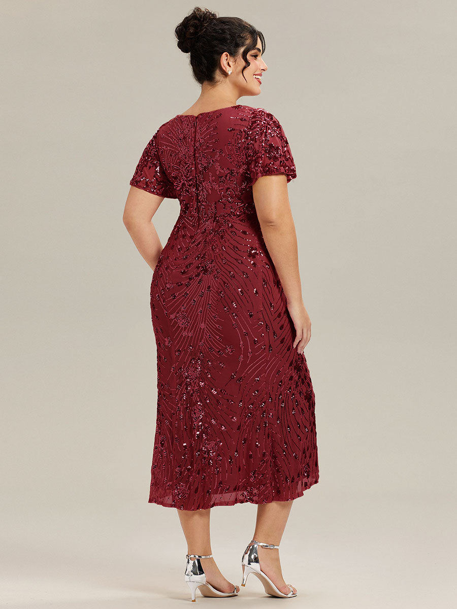 Color=Burgundy | Fast Delivery Short Sleeve Ruffle Sequin Deep V-Neck Fishtail Maxi Evening Dresses-Burgundy 27