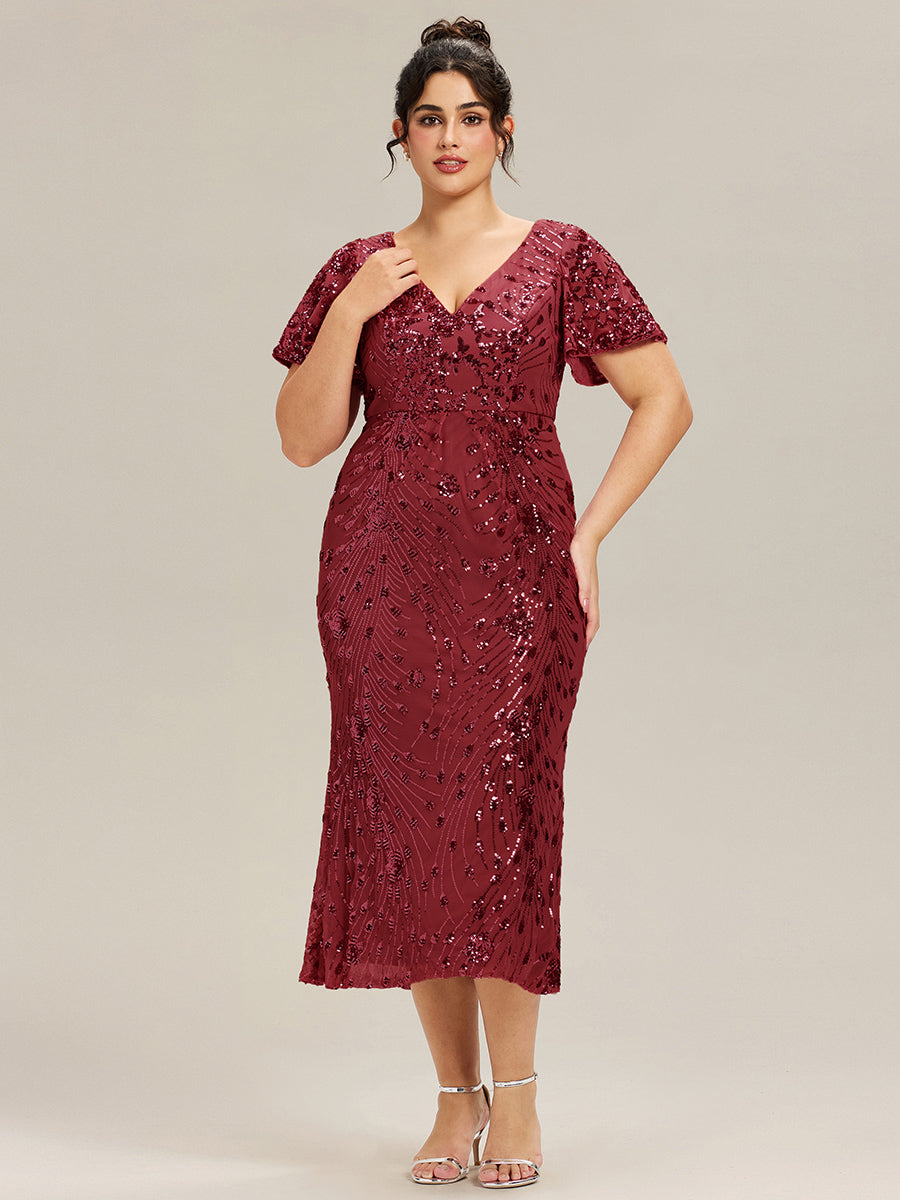 Color=Burgundy | Fast Delivery Short Sleeve Ruffle Sequin Deep V-Neck Fishtail Maxi Evening Dresses-Burgundy 29