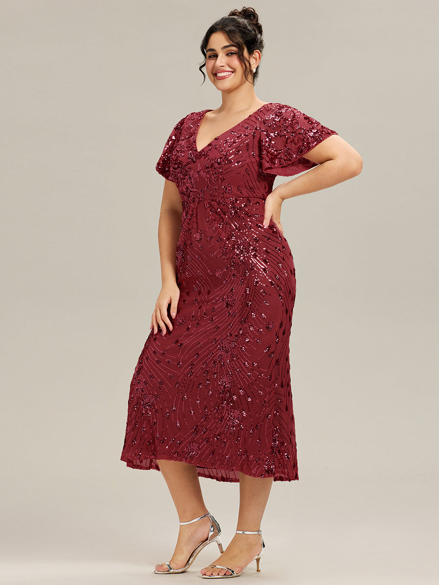 Color=Burgundy | Fast Delivery Short Sleeve Ruffle Sequin Deep V-Neck Fishtail Maxi Evening Dresses-Burgundy 30