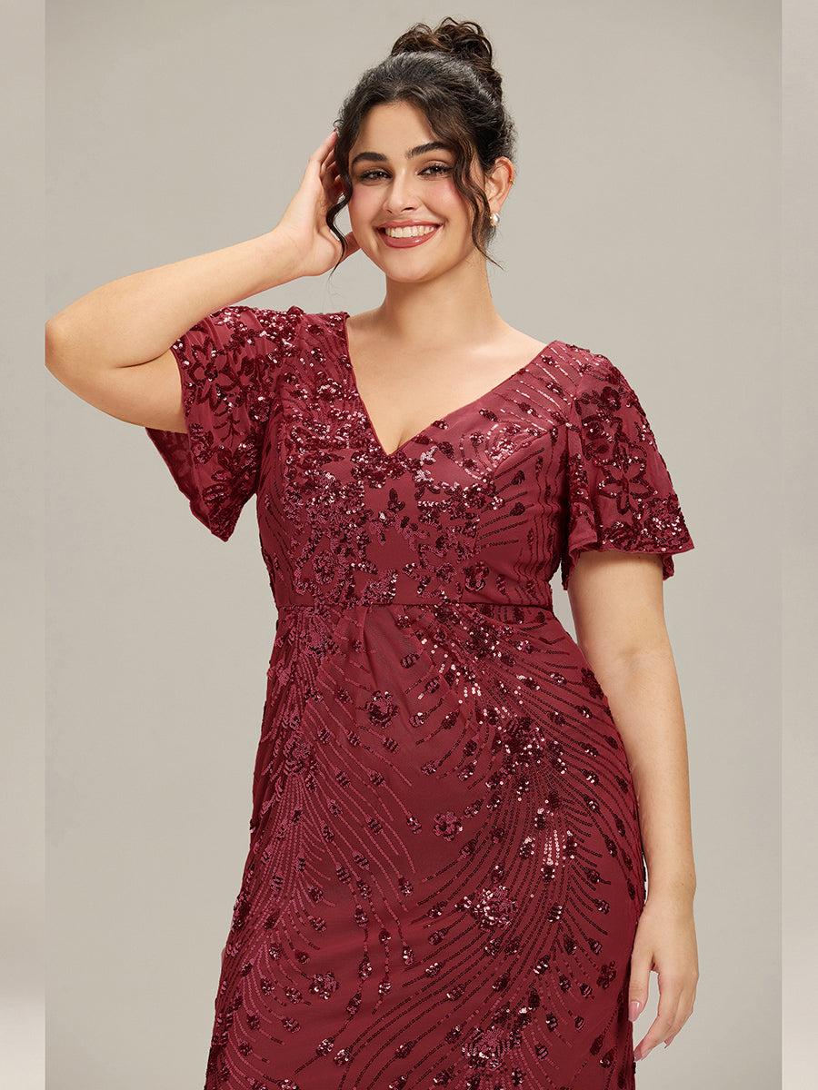 Color=Burgundy | Fast Delivery Short Sleeve Ruffle Sequin Deep V-Neck Fishtail Maxi Evening Dresses-Burgundy 28
