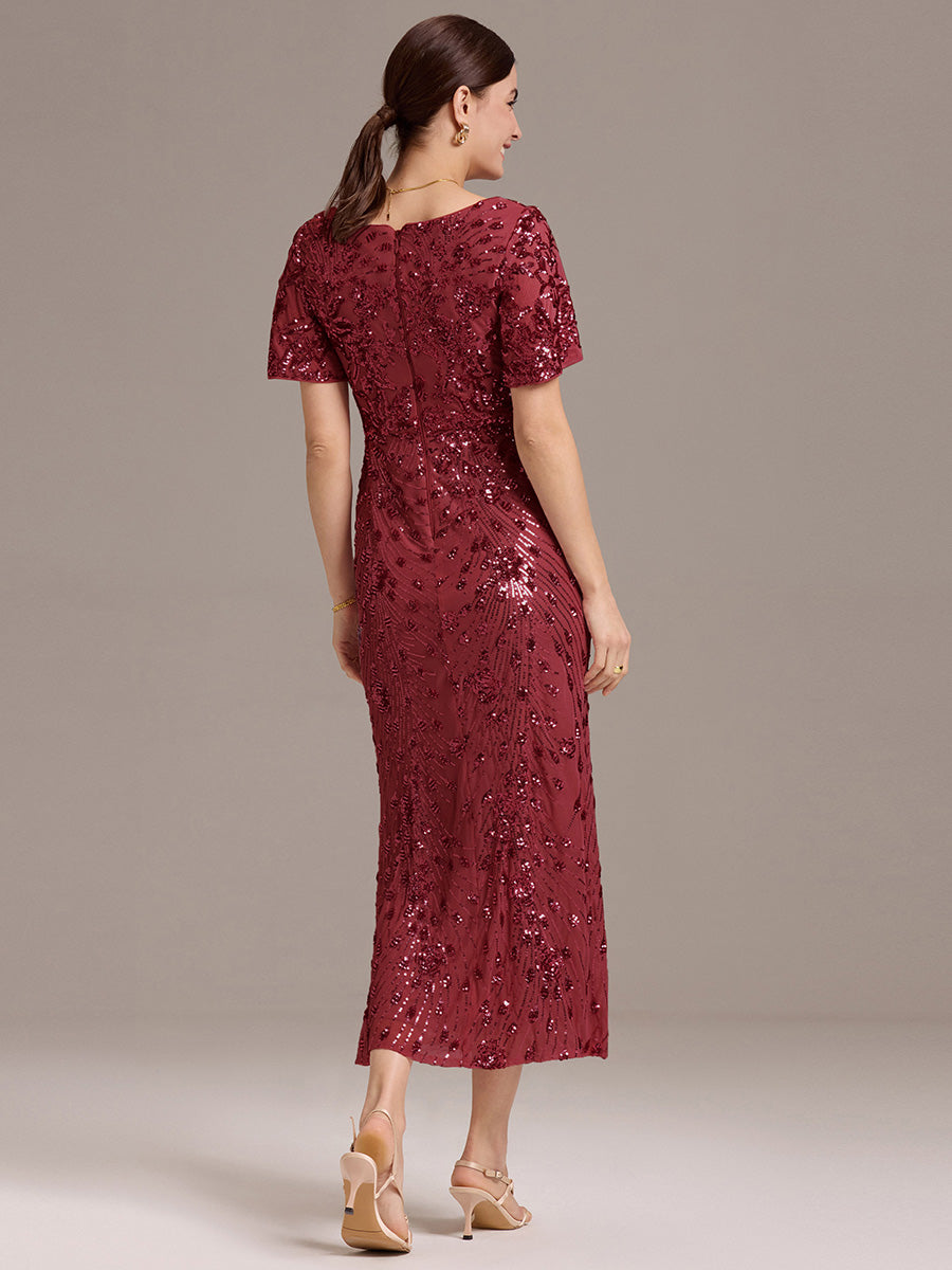 Color=Burgundy | Fast Delivery Short Sleeve Ruffle Sequin Deep V-Neck Fishtail Maxi Evening Dresses-Burgundy 27
