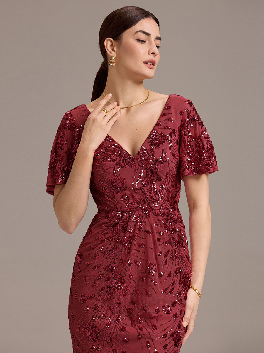 Color=Burgundy | Fast Delivery Short Sleeve Ruffle Sequin Deep V-Neck Fishtail Maxi Evening Dresses-Burgundy 28