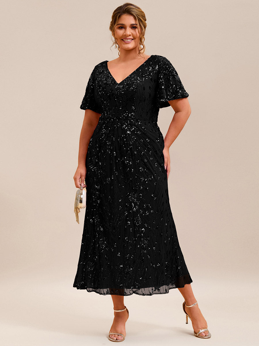 Color=Black | Strapless Deep V-Neck Fishtail Paillette Midi Evening Dresses- 11