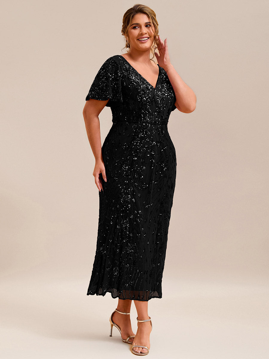 Color=Black | Strapless Deep V-Neck Fishtail Paillette Midi Evening Dresses- 14