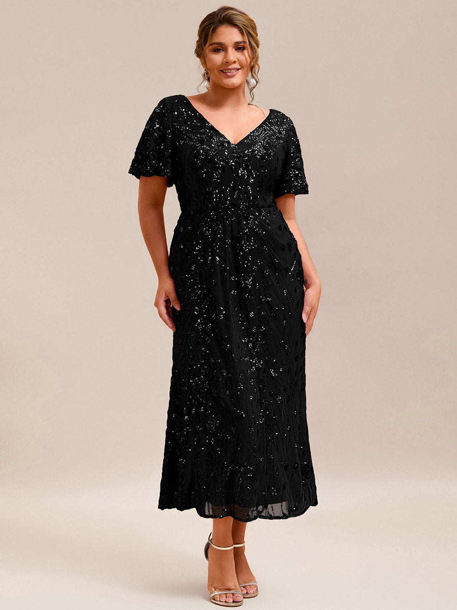 Color=Black | Plus Size Strapless Deep V-Neck Fishtail Paillette Midi Evening Dresses-Black 9