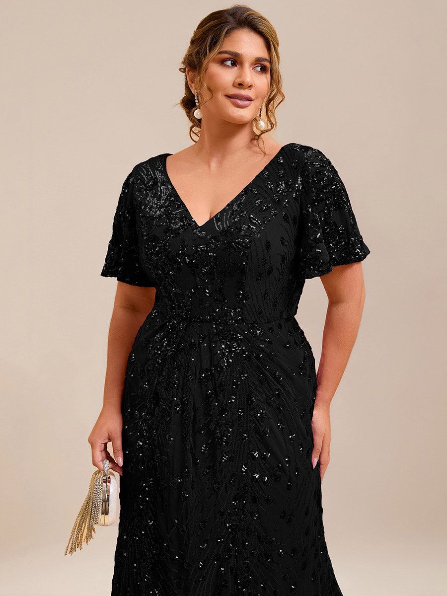 Color=Black | Strapless Deep V-Neck Fishtail Paillette Midi Evening Dresses- 13