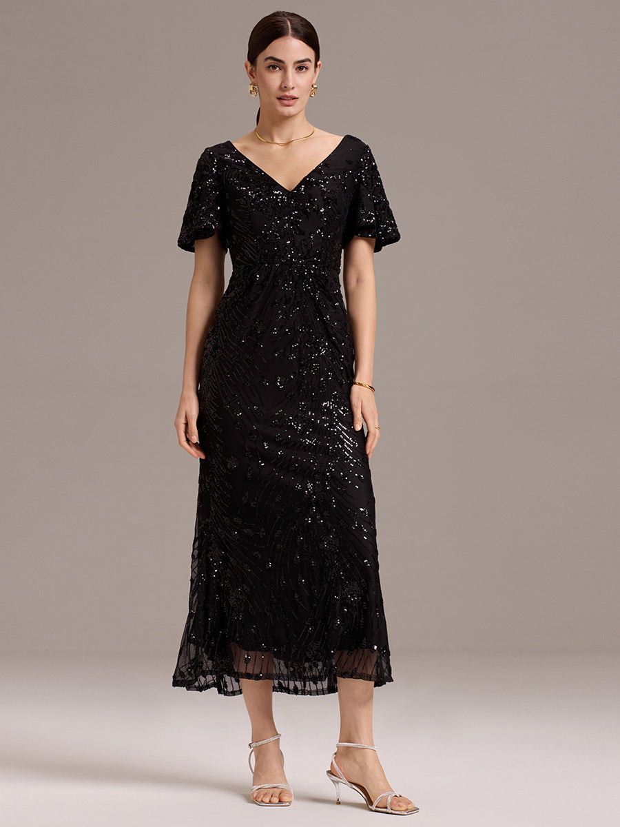 Color=Black | Strapless Deep V-Neck Fishtail Paillette Midi Evening Dresses- 6