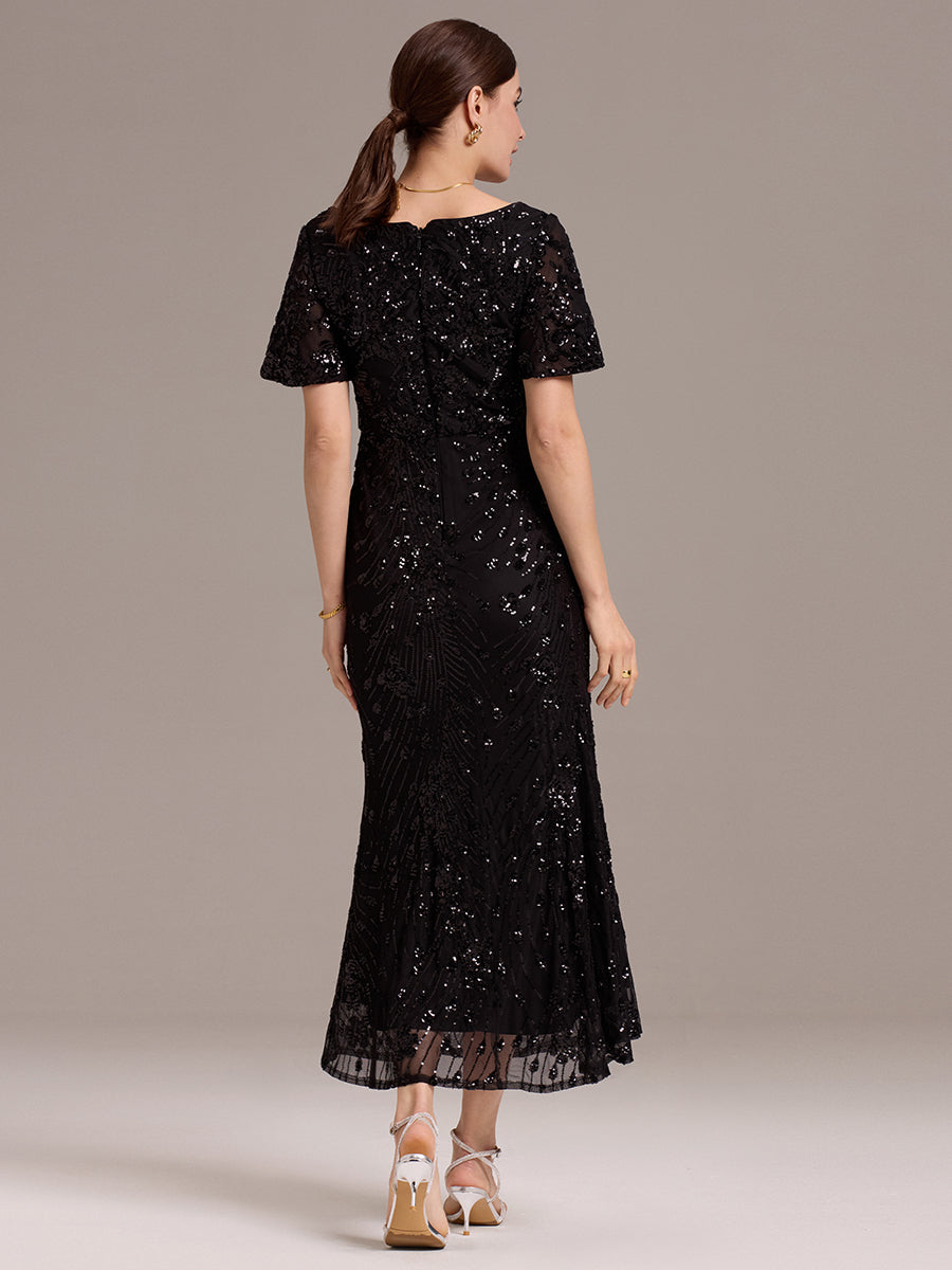 Color=Black | Strapless Deep V-Neck Fishtail Paillette Midi Evening Dresses- 7