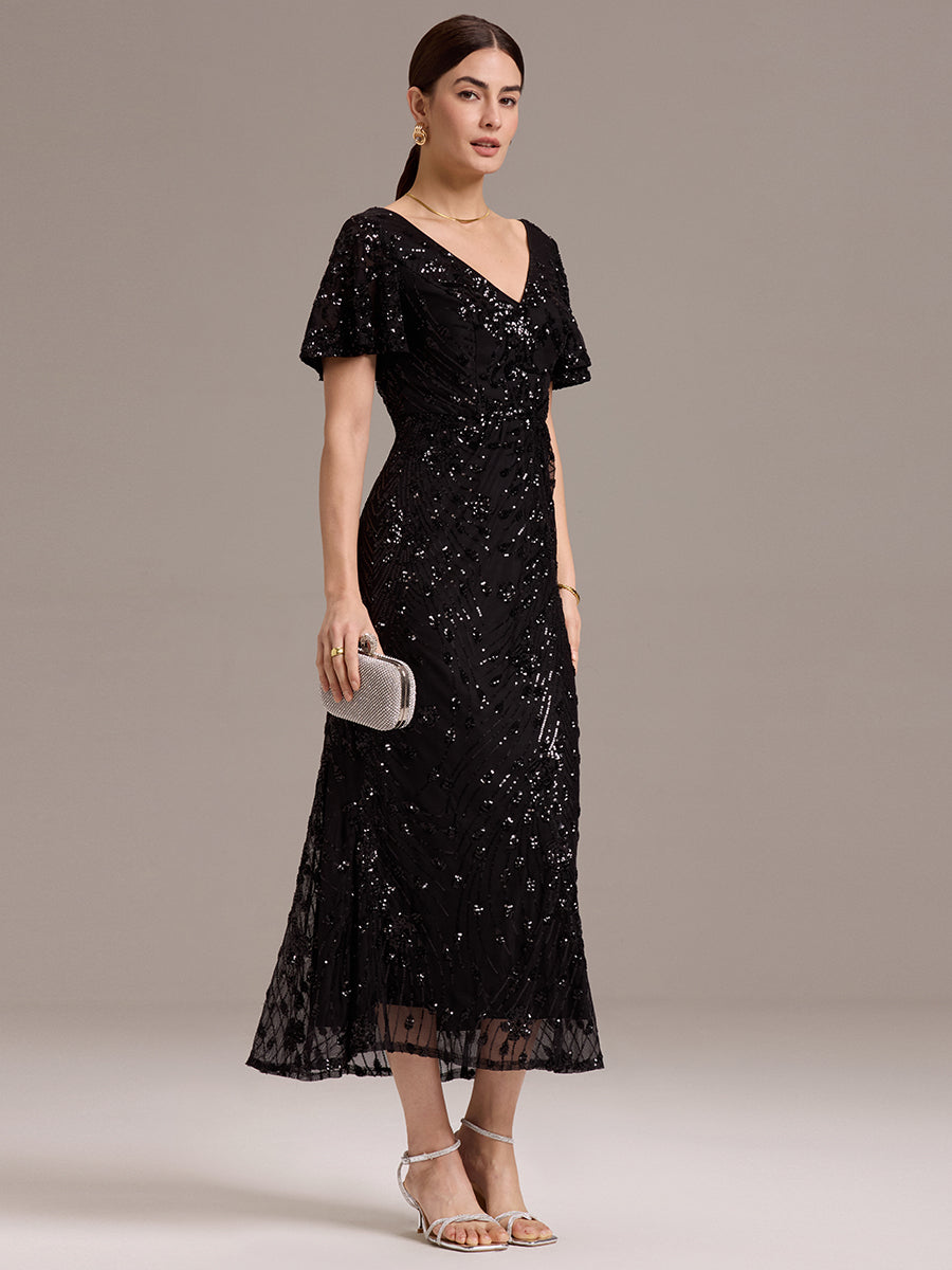 Color=Black | Strapless Deep V-Neck Fishtail Paillette Midi Evening Dresses- 9