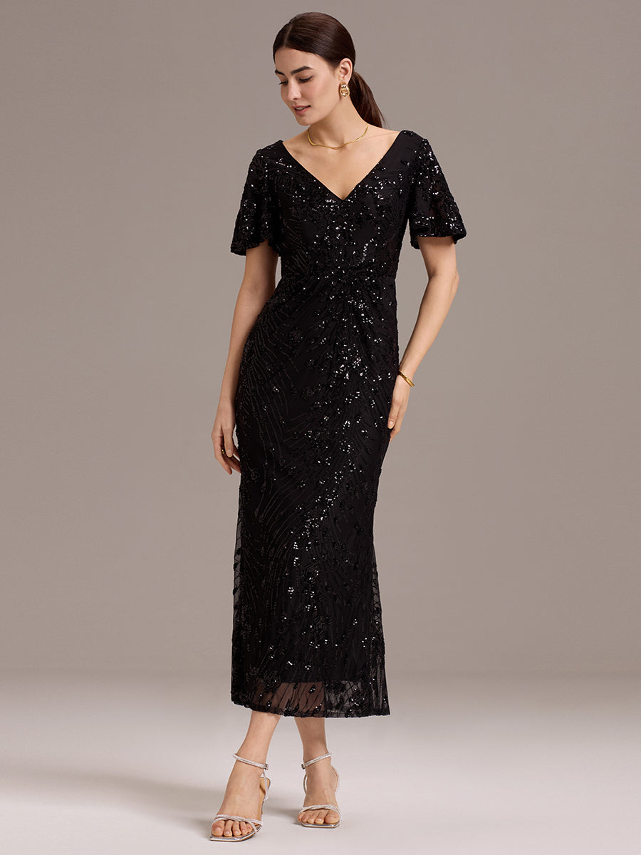 Color=Black | Strapless Deep V-Neck Fishtail Paillette Midi Evening Dresses- 10