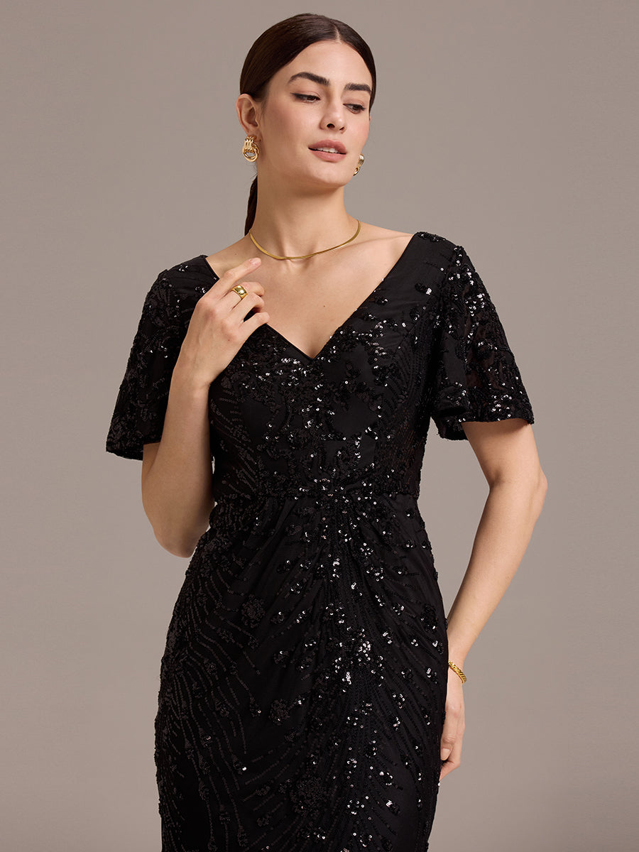 Color=Black | Strapless Deep V-Neck Fishtail Paillette Midi Evening Dresses- 8
