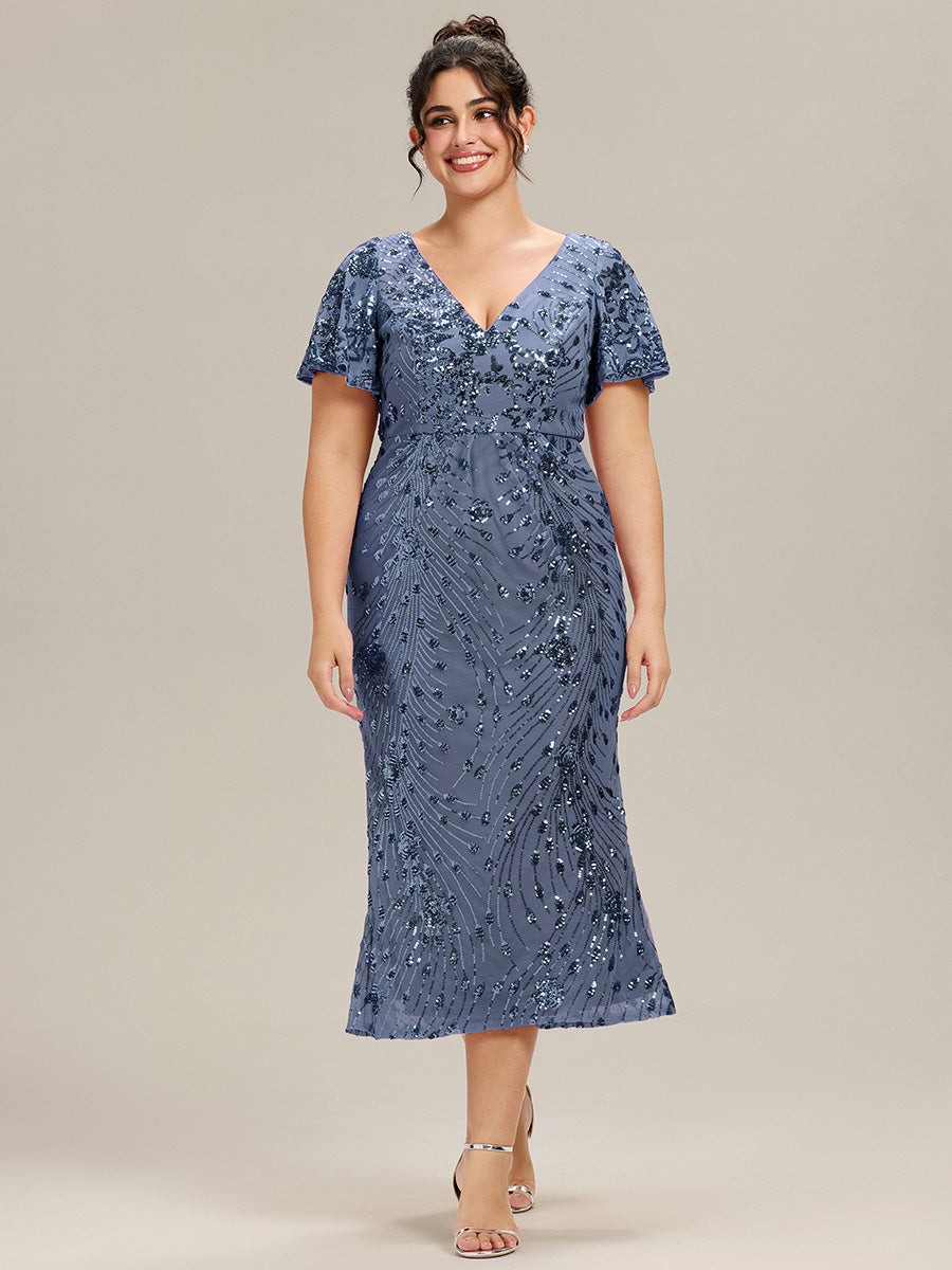Plus Size Strapless Deep V-Neck Paillette Midi Evening Dress with Fishtail Hem Plus Size Strapless Deep V-Neck Paillette Midi Evening Dress with Fishtail Hem