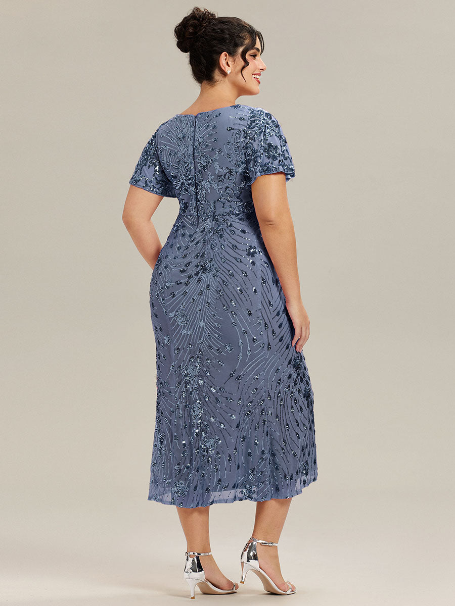 Color=Dusty Blue | Fast Delivery Short Sleeve Ruffle Sequin Deep V-Neck Fishtail Maxi Evening Dresses-Dusty Blue 32