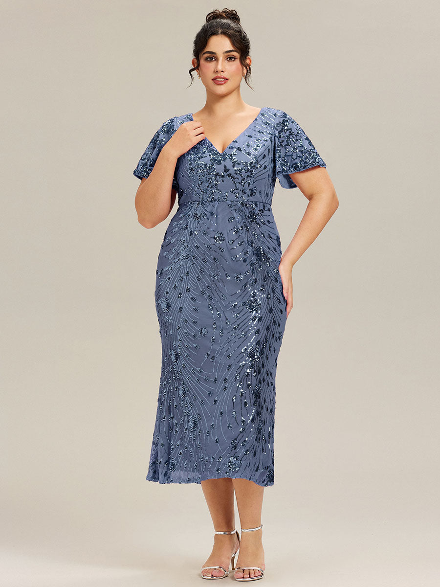 Color=Dusty Blue | Fast Delivery Short Sleeve Ruffle Sequin Deep V-Neck Fishtail Maxi Evening Dresses-Dusty Blue 34