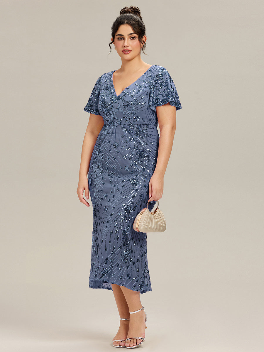 Color=Dusty Blue | Fast Delivery Short Sleeve Ruffle Sequin Deep V-Neck Fishtail Maxi Evening Dresses-Dusty Blue 35