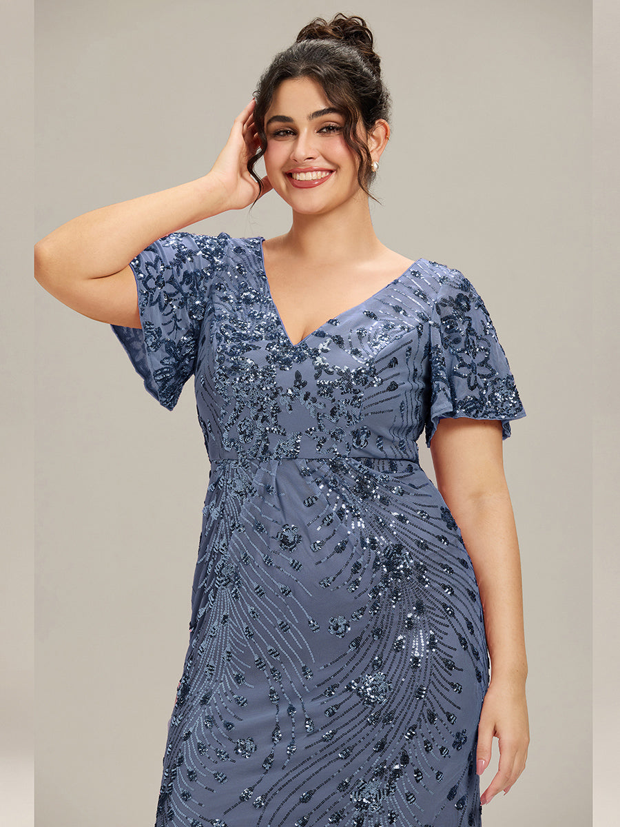 Color=Dusty Blue | Fast Delivery Short Sleeve Ruffle Sequin Deep V-Neck Fishtail Maxi Evening Dresses-Dusty Blue 33
