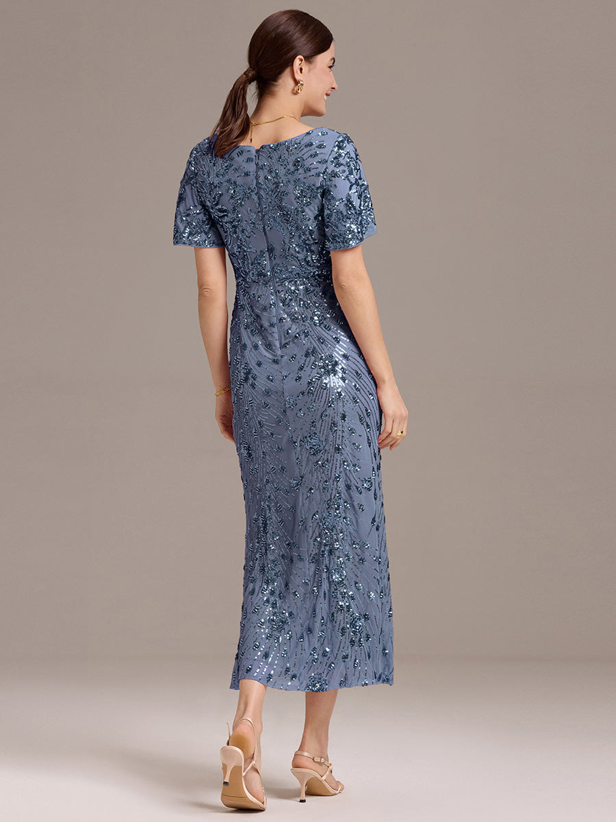 Color=Dusty Blue | Fast Delivery Short Sleeve Ruffle Sequin Deep V-Neck Fishtail Maxi Evening Dresses-Dusty Blue 32