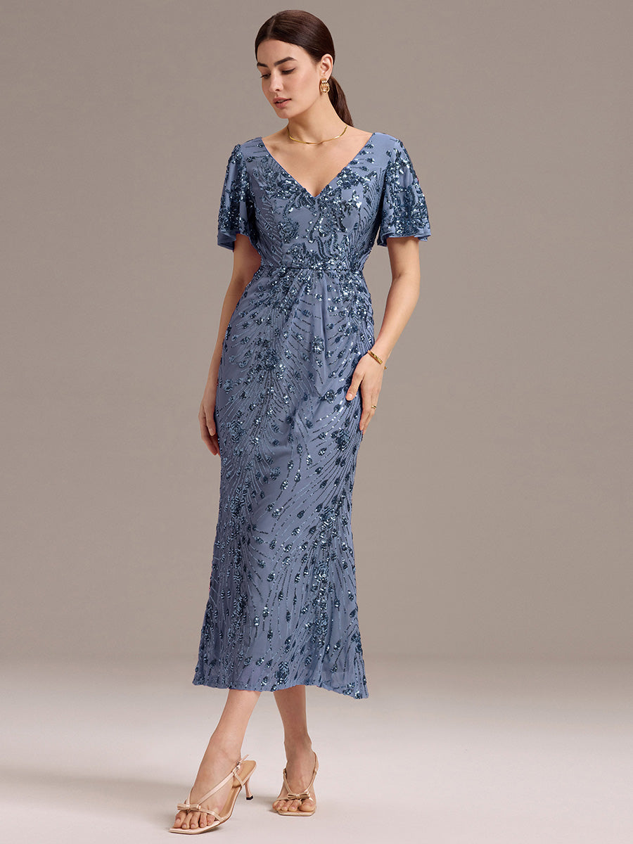 Color=Dusty Blue | Fast Delivery Short Sleeve Ruffle Sequin Deep V-Neck Fishtail Maxi Evening Dresses-Dusty Blue 34