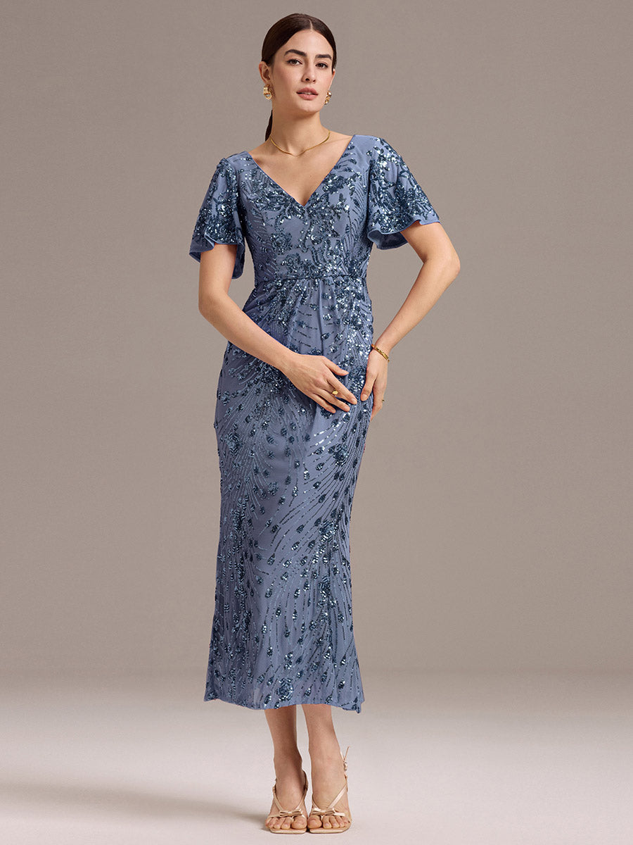 Color=Dusty Blue | Fast Delivery Short Sleeve Ruffle Sequin Deep V-Neck Fishtail Maxi Evening Dresses-Dusty Blue 35
